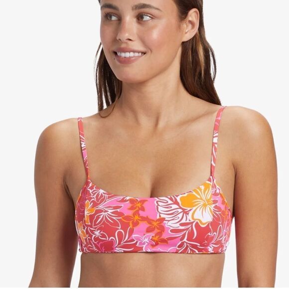 Roxy Juniors Sea Spray Bralette Bikini Top - Hilo Hibiscus Printed Swimsuit Red - Picture 3 of 12